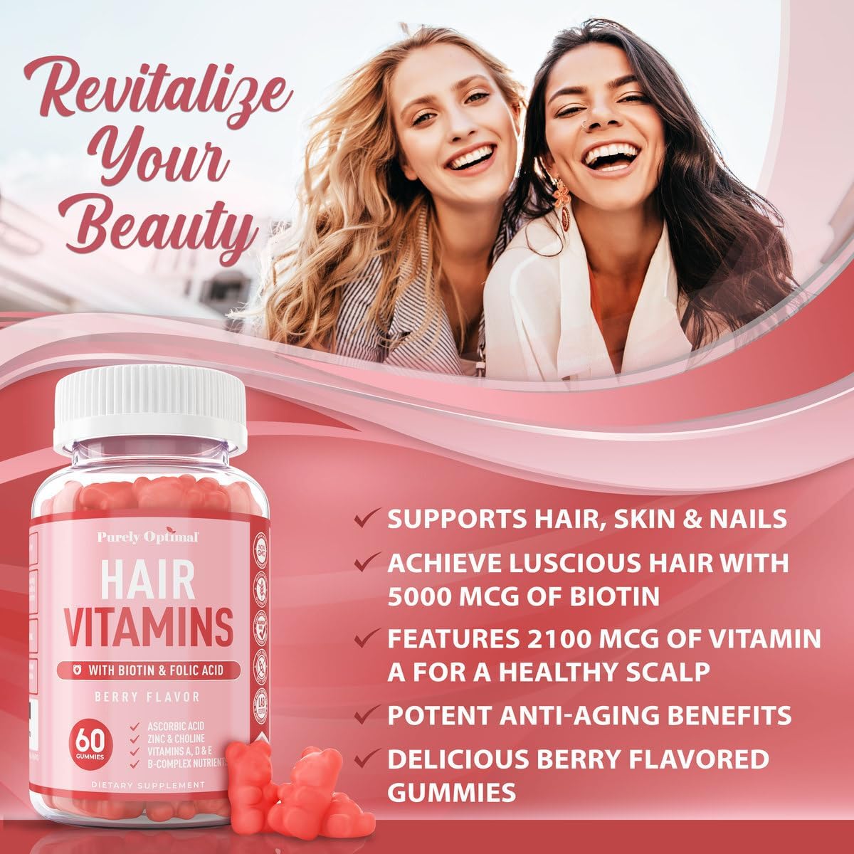 Premium Hair Vitamins Supplement  Vitamins w/Biotin, - 60 Gummy