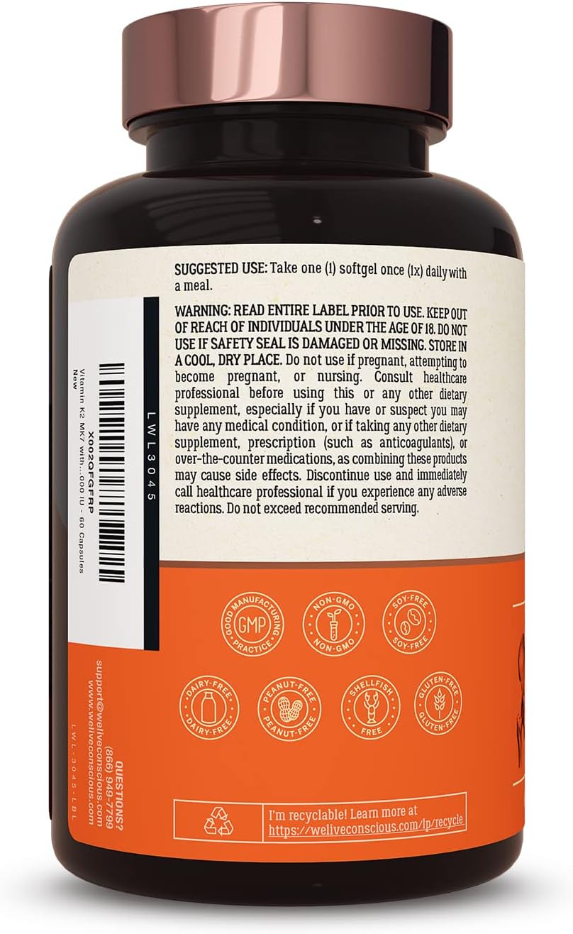 Live Conscious Vitamin K2 MK7 with D3 Supplement - 120 Softgels