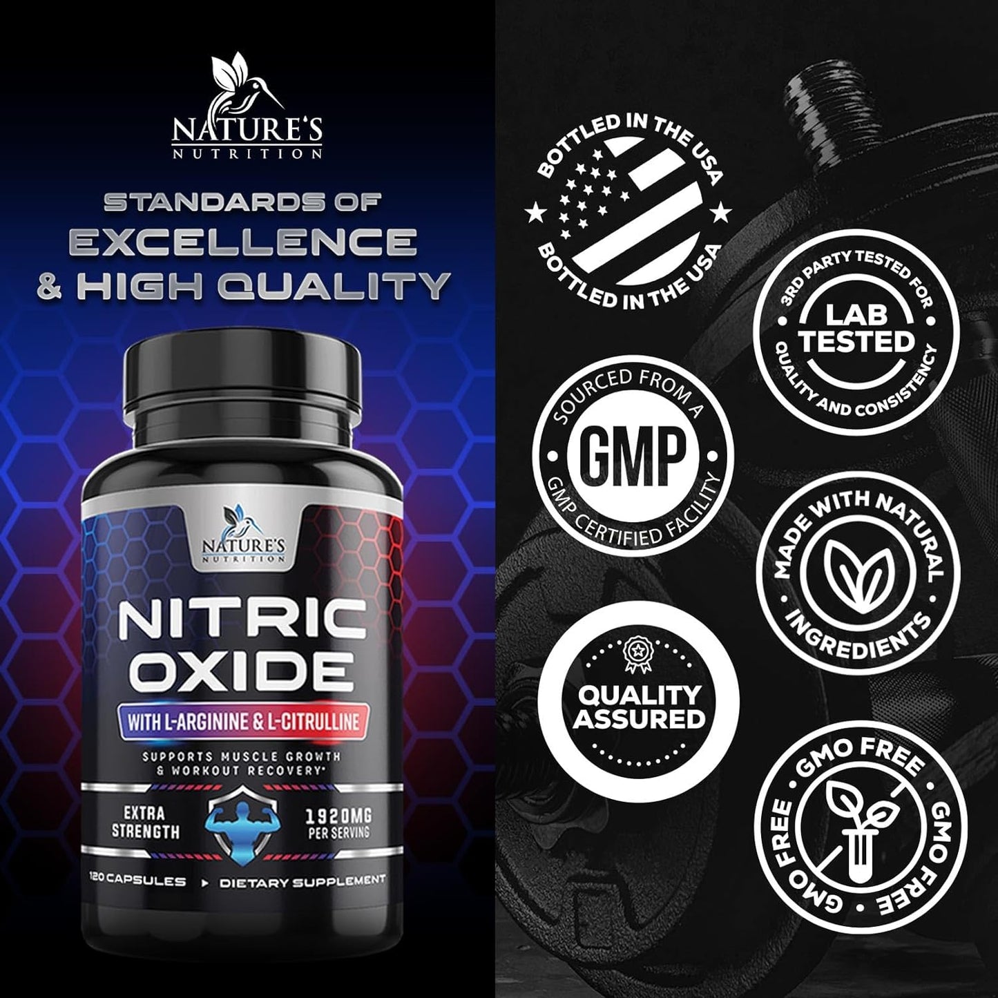 Extra Strength Nitric Oxide Supplement L Arginine 3X Strength  - 120 Capsules