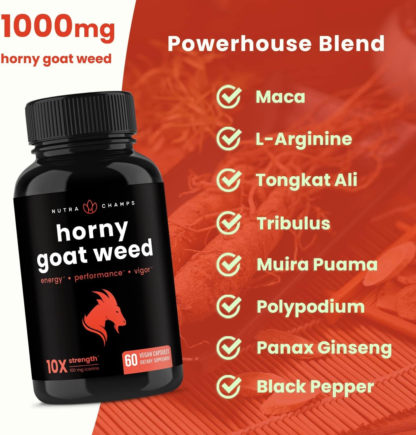 Horny Goat Weed for Men & Women | 1000mg Epimedium Energy Supplement 60 count