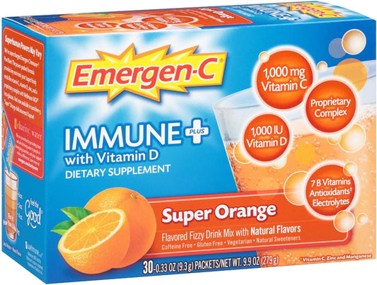 Emergen C Immune Plus Super Orange Fizzy Drink Mix, 0.3 Ounce - 30 per case.