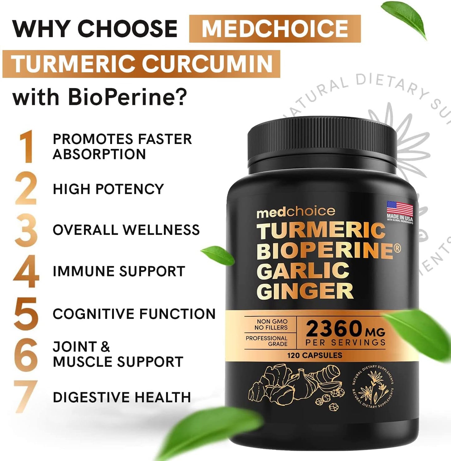 4-in-1 Turmeric and Ginger Supplement with Bioperine 2360 mg (120 ct)