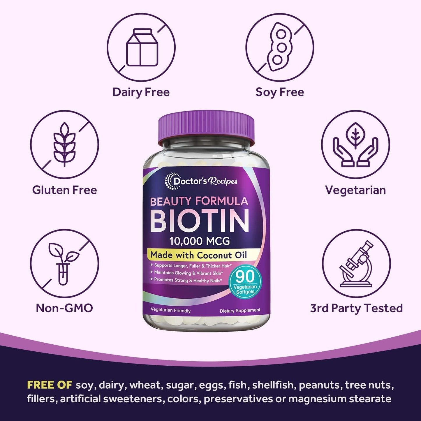 Doctor's Recipes Biotin 10,000 mcg, Hair Growth, Healthy Skin & Nails -90 softgels