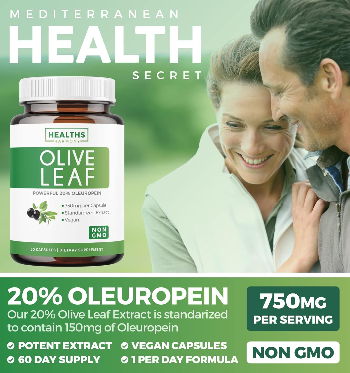 Olive Leaf Extract (Non-GMO) Super Strength: 20% Oleuropein - 60 Capsules