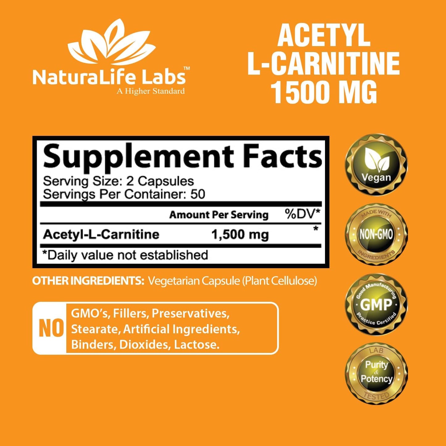 Acetyl L-Carnitine 1,500 mg High Potency Supports 100 Veggie Capsules