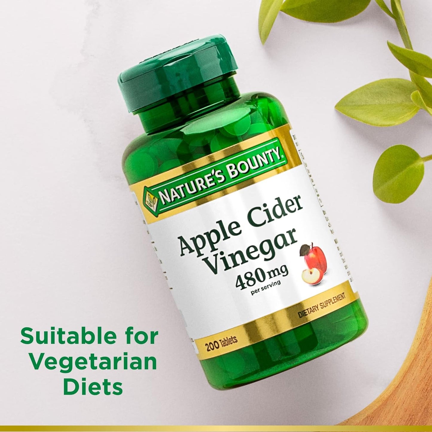 Nature's Bounty Apple Cider Vinegar 480mg Pills, Vegetarian Supplement Plant Based, 200 Tablets