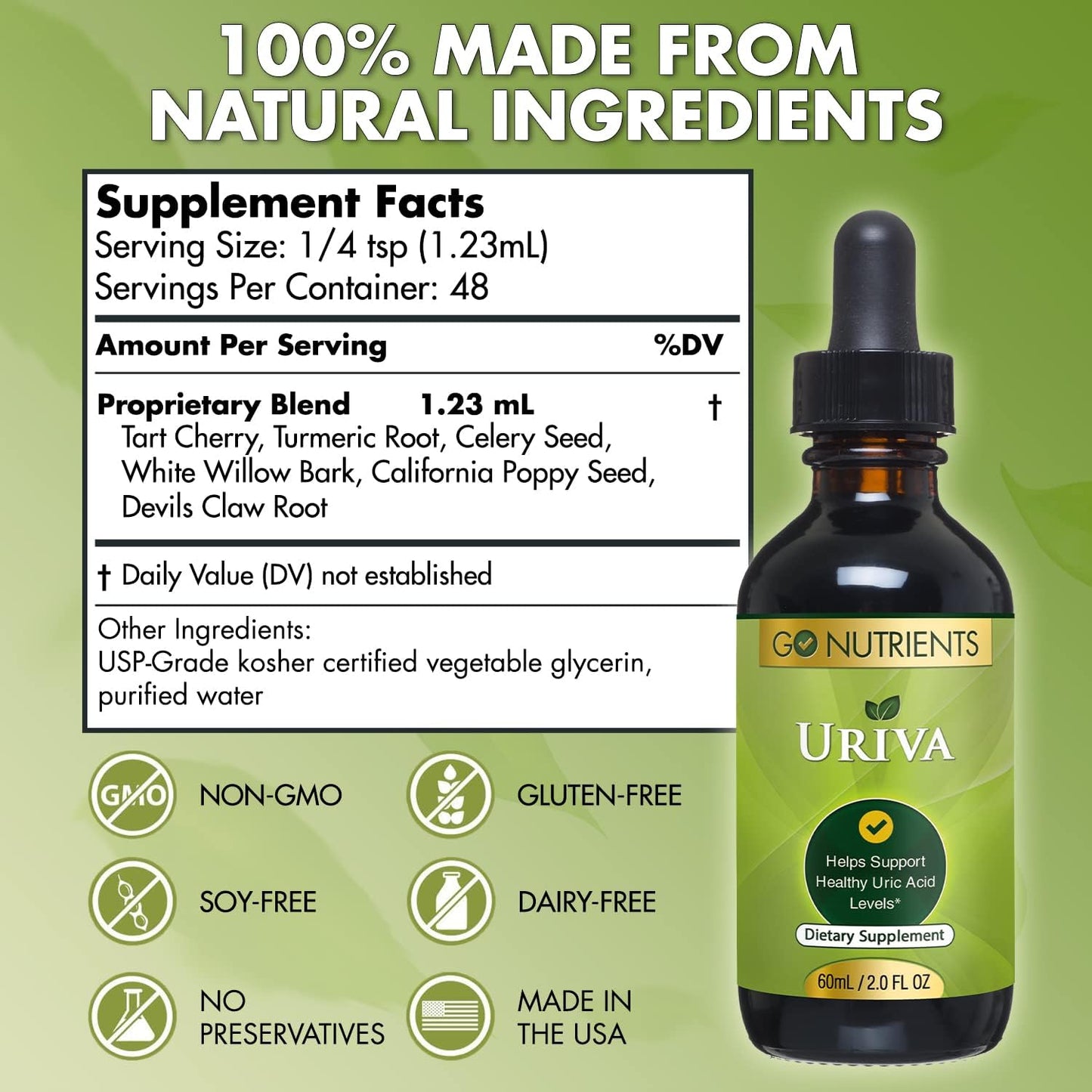 Go Nutrients Uriva Advanced Uric Acid Flush Cleanse with Tart Cherry Extract,2.0 oz.