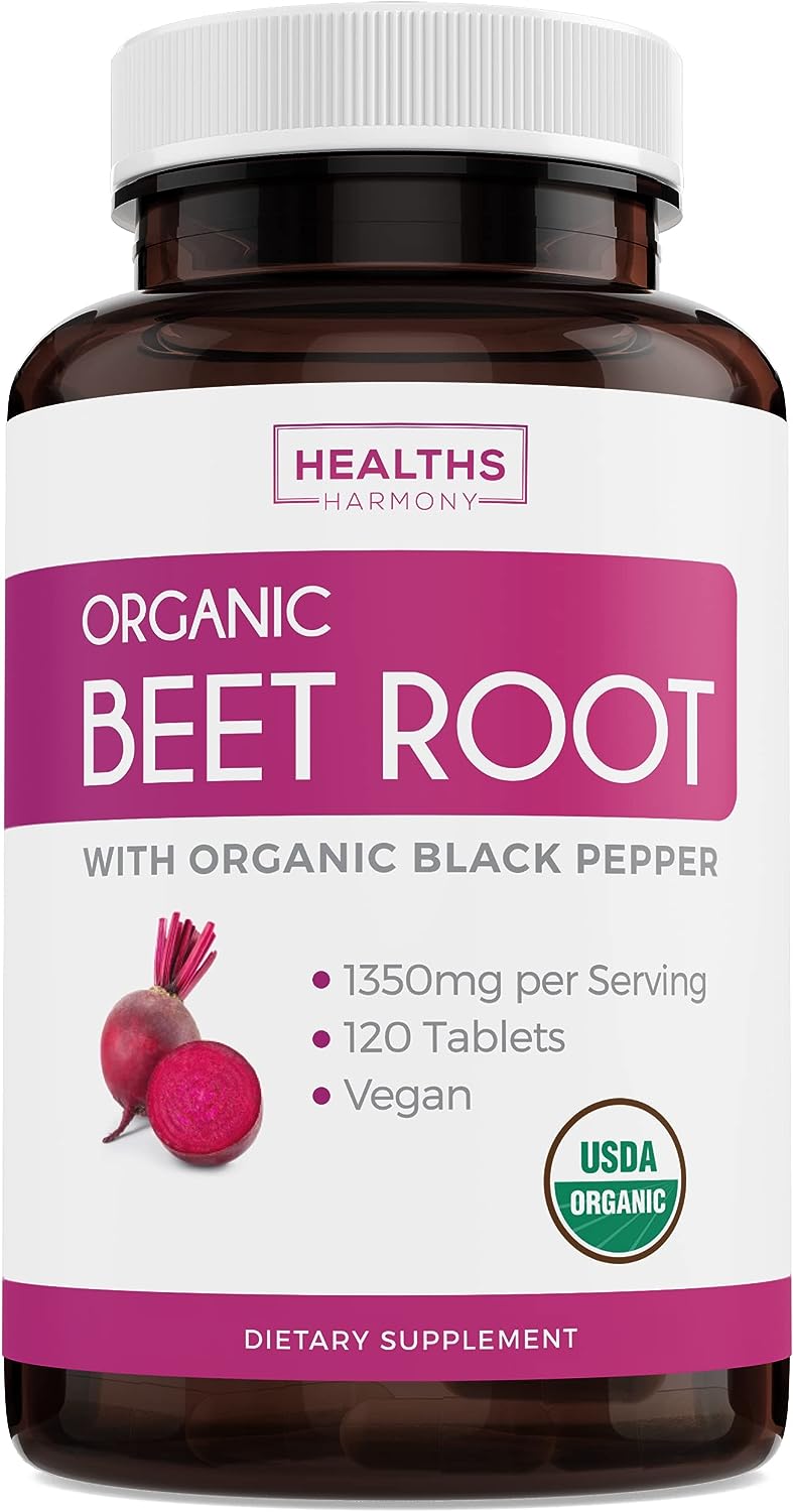 USDA Organic Beet Root Powder (120 Tablets) 1350mg Beets Per Serving with Black Pepper for Extra Absorption