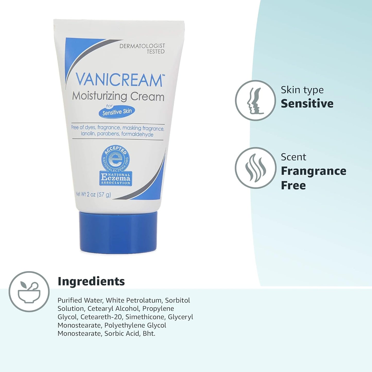 Vanicream Moisturizing Skin Cream Tube for Sensitive Skin, Soothes Red