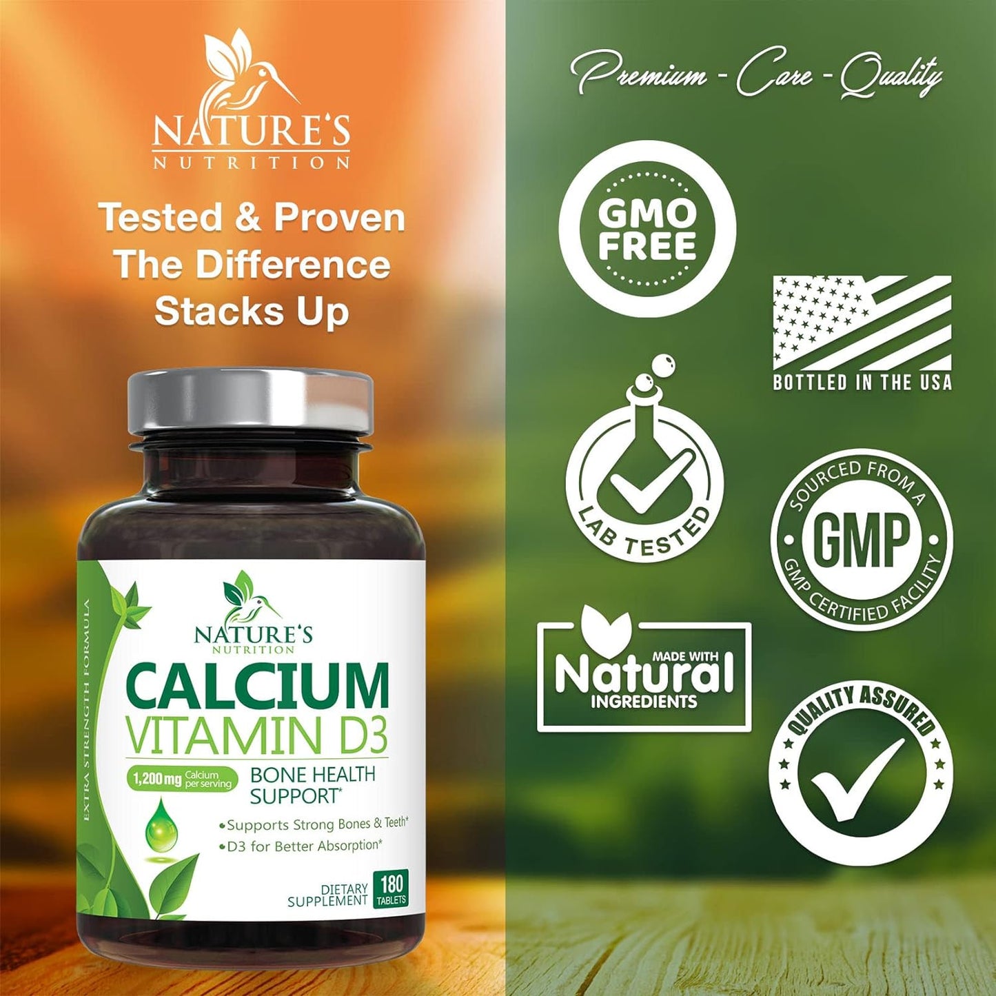 Calcium 1200 mg Plus Vitamin D3, Bone Health & Immune Support - 180 Tablets