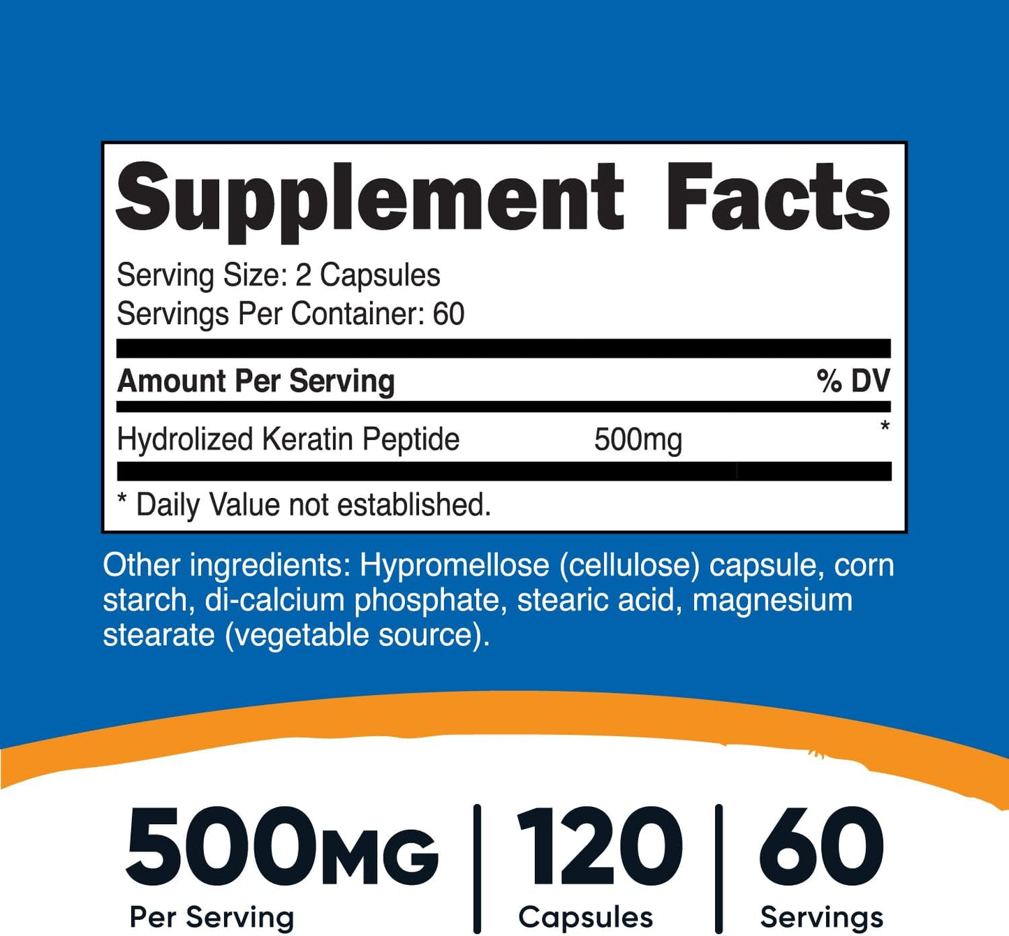 Nutricost Keratin Hydrolized Peptide Capsules - 500MG, 120 Capsules (60 Servings)