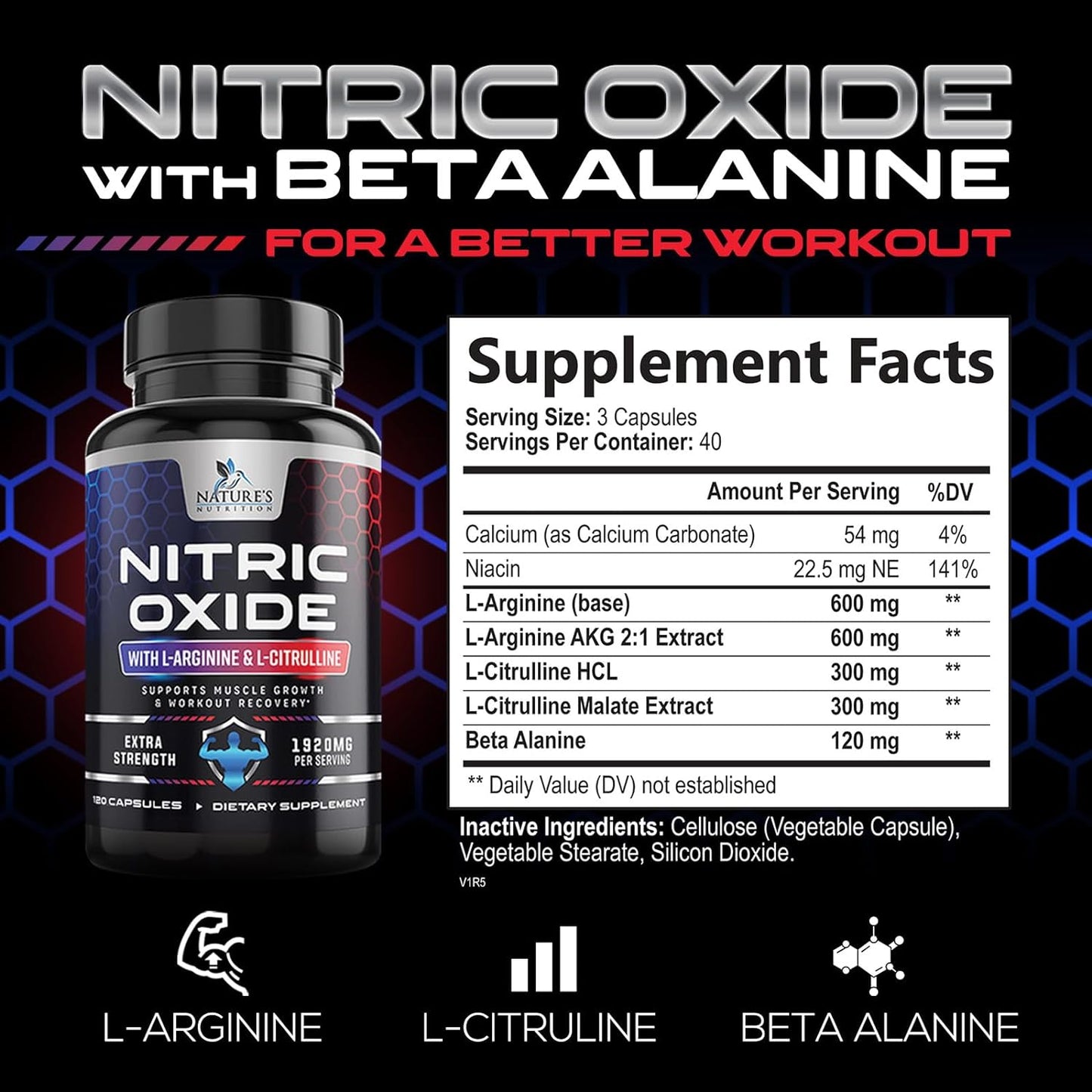 Extra Strength Nitric Oxide Supplement L Arginine 3X Strength  - 120 Capsules