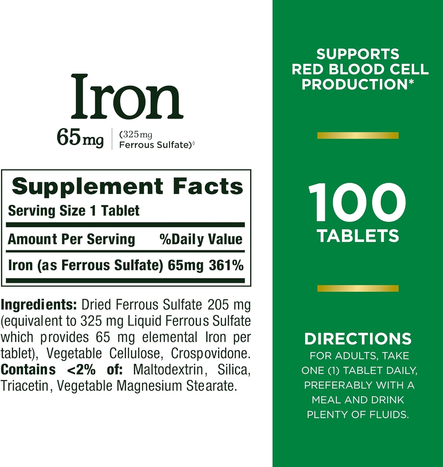 Nature's Bounty Iron 65mg, 325 mg Ferrous Sulfate, 100 tablets