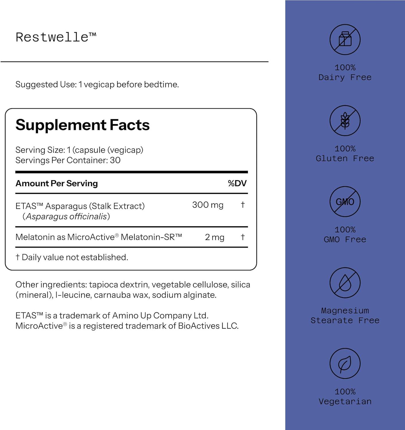 Quality of Life - Restwelle – Non Groggy formula with ETAS and Melatonin SR  – 30 Capsules