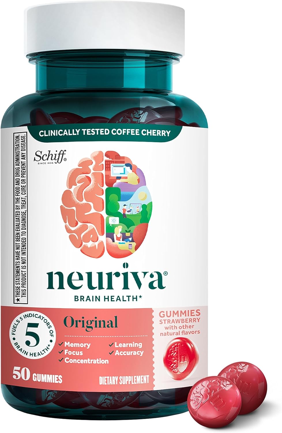 NEURIVA Original Brain Supplement for Memory, Focus  50 Strawberry Gummies