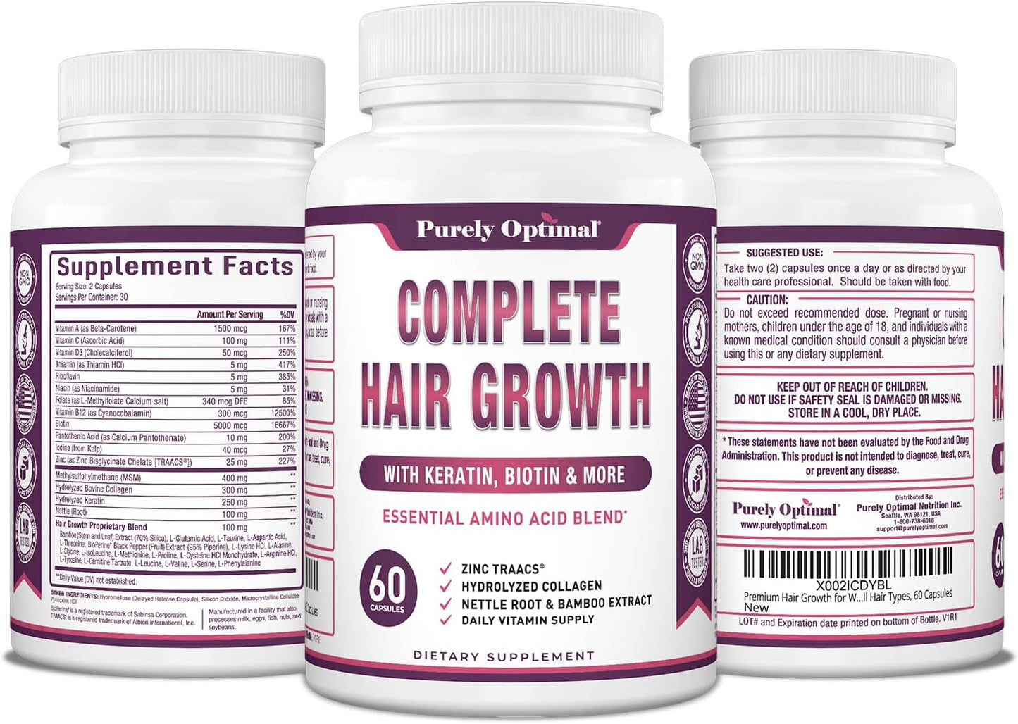 Premium Hair Growth Vitamins w/Biotin & Keratin  60 Capsules