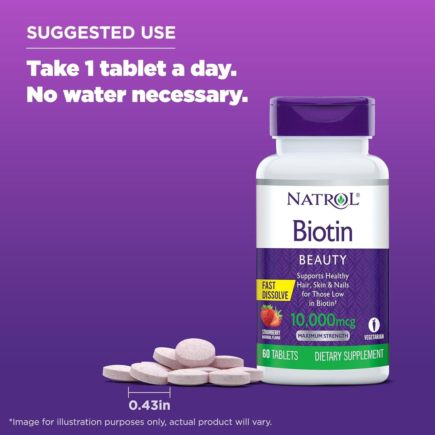 Natrol Beauty Biotin 10000mcg, Dietary Supplement for Healthy Hair, Skin, Nails and Energy Metabolism, 60 count