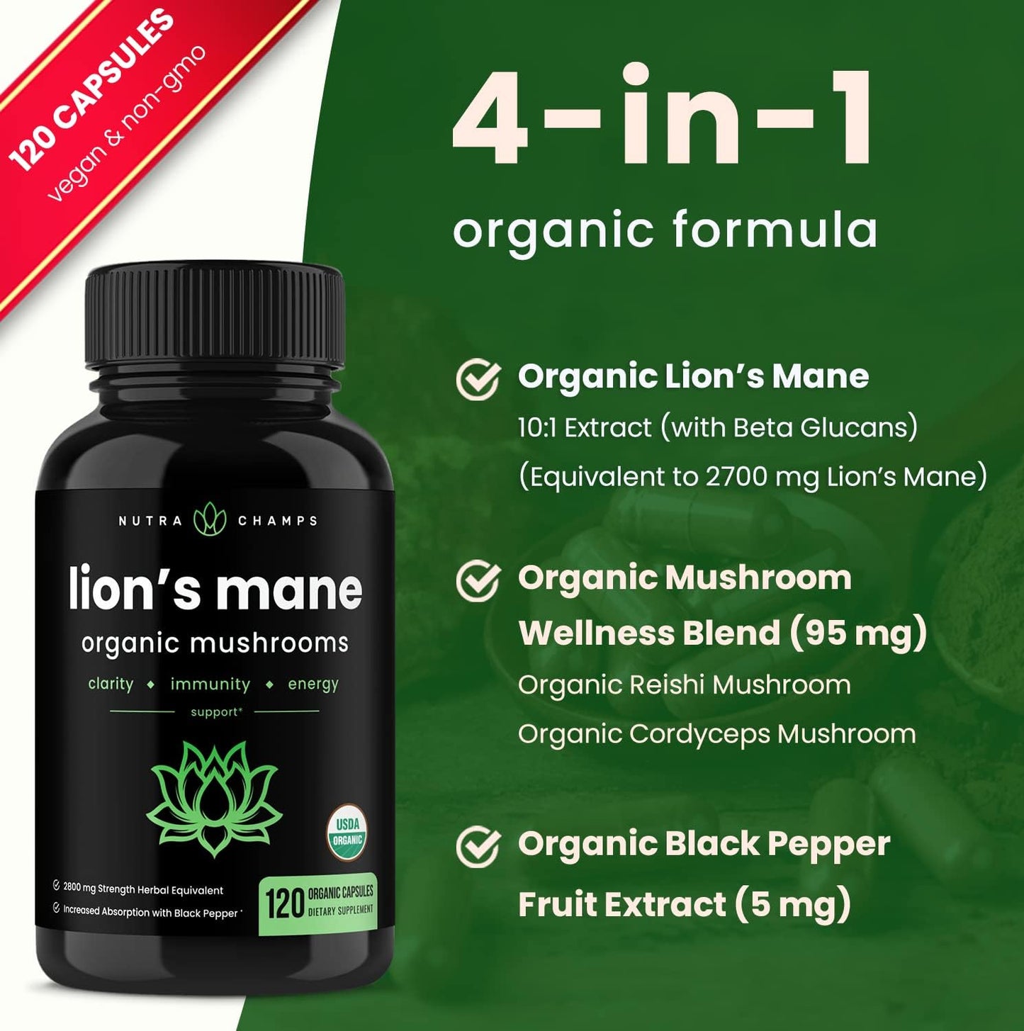 Organic Lions Mane Mushroom Supplement 120 count