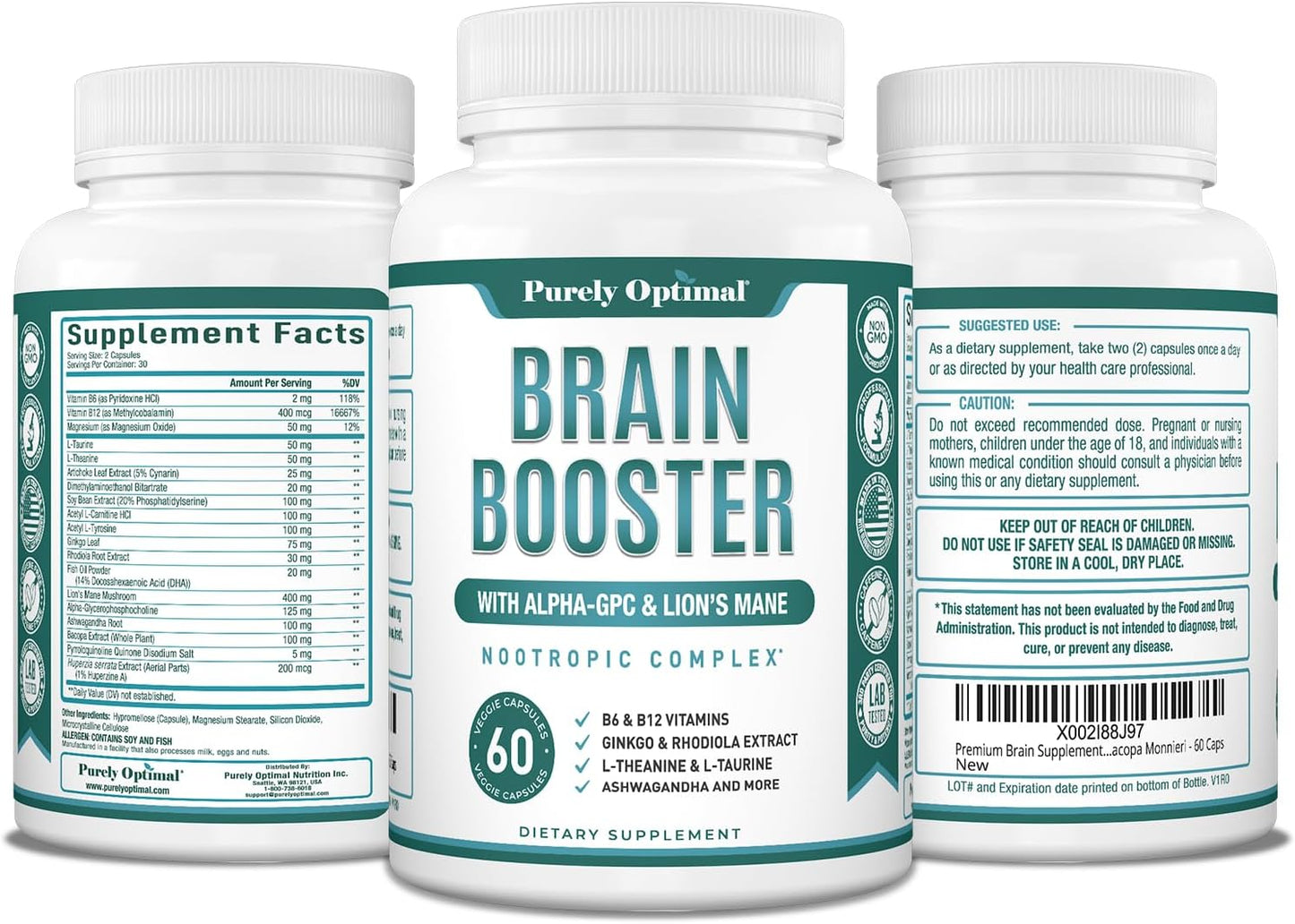 Premium Brain Supplement -  Nootropic Brain Booster for Focus- 60 Caps