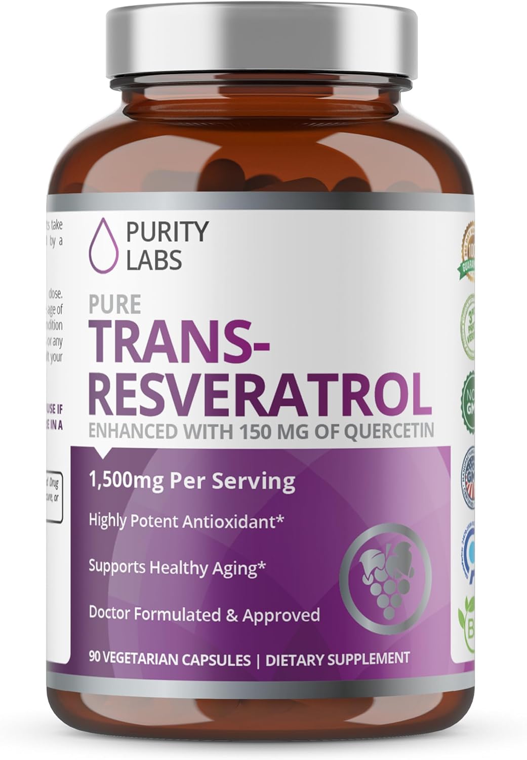 Purity Labs Pure Trans-Resveratrol Supplement + Quercetin 1500mg, 90count