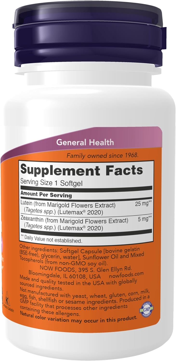 NOW Supplements, Lutein & Zeaxanthin with 25 mg Lutein and 5 mg Zeaxanthin, 60 Softgels