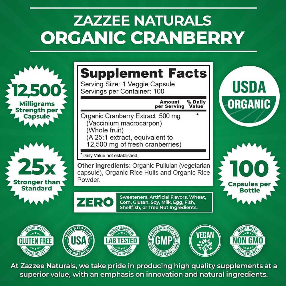 Zazzee USDA Organic Cranberry 25:1 Extract,100 Vegan Capsules