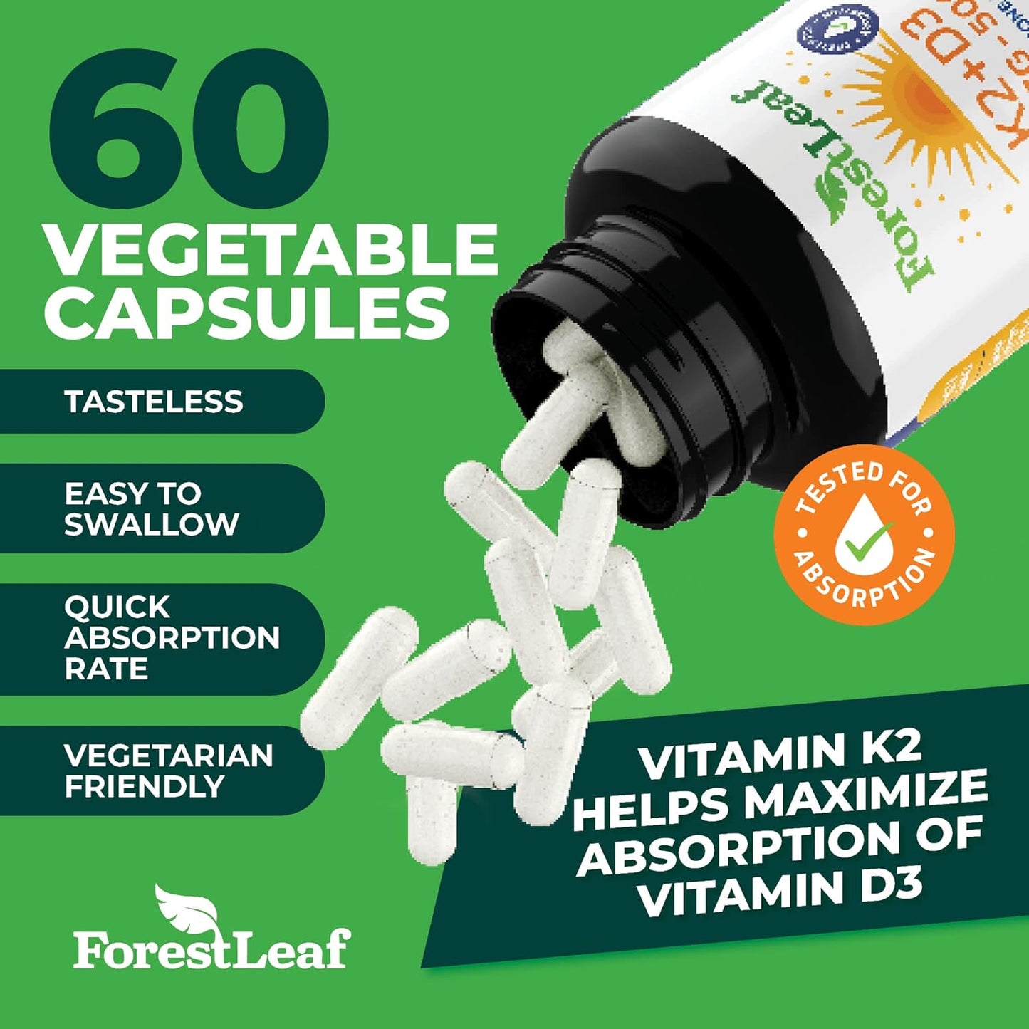 ForestLeaf Vitamin D3 + K2 (MK7) Supplement - 60 Veggie Capsules