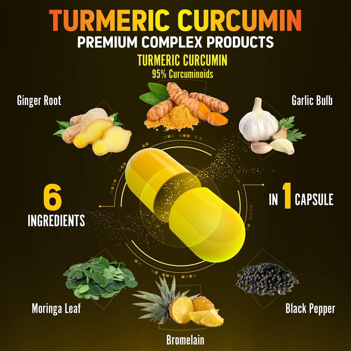 6 in 1 Turmeric Curcumin + Ginger Capsules, 95% Curcuminoids, 120 capsules