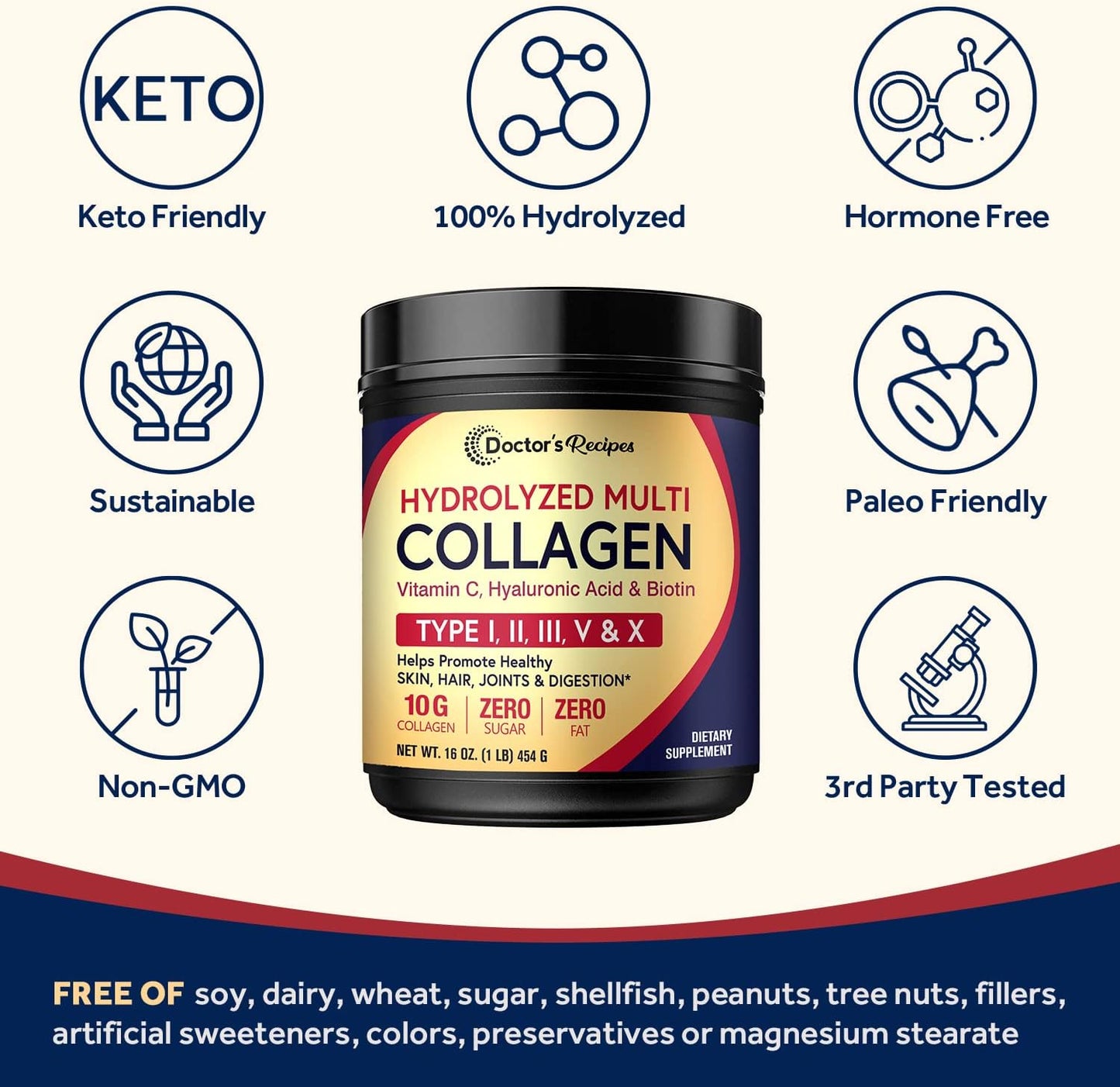 Doctor's Recipes Multi Collagen Powder,Collagen Peptides, Vitamin C, Biotin 16 oz