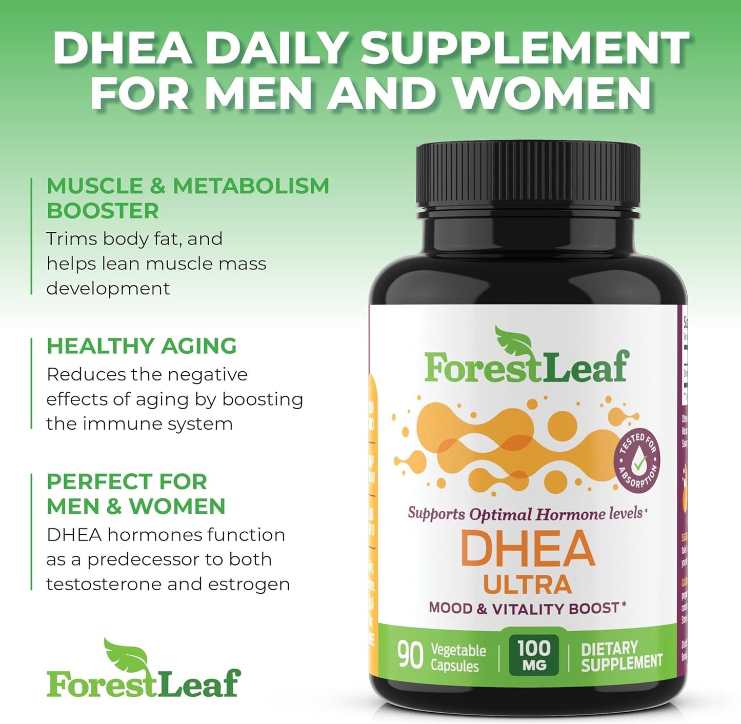 Forest Leaf - DHEA 100mg Daily Hormone Supplement for Women & Men 90 Capsules