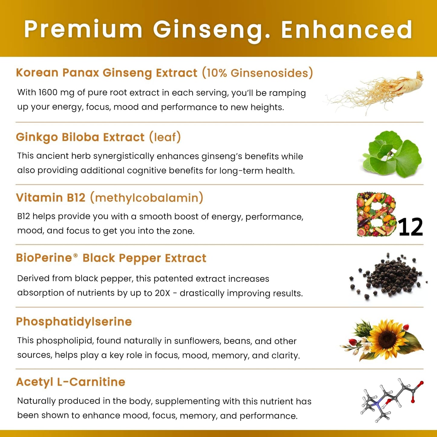 Korean Red Ginseng Root 1650mg | Ginseng and Ginkgo Biloba 120mg 90 count