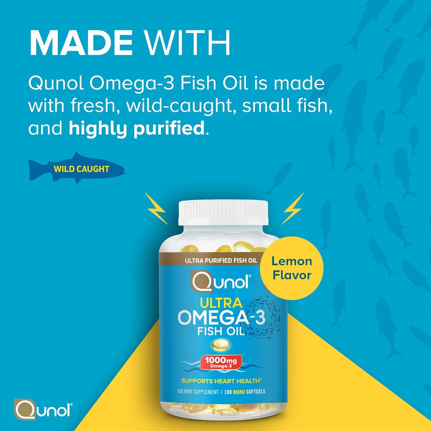 Qunol Fish Oil Omega 3 Mini Softgels, Qunol 1000mg Omega 3 EPA + DHA, 180 count