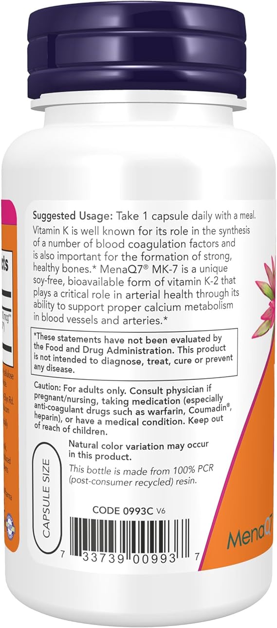 NOW Supplements, MK-7 Vitamin K-2 100 mcg, Supports Bone Health, 120 Veg Capsules