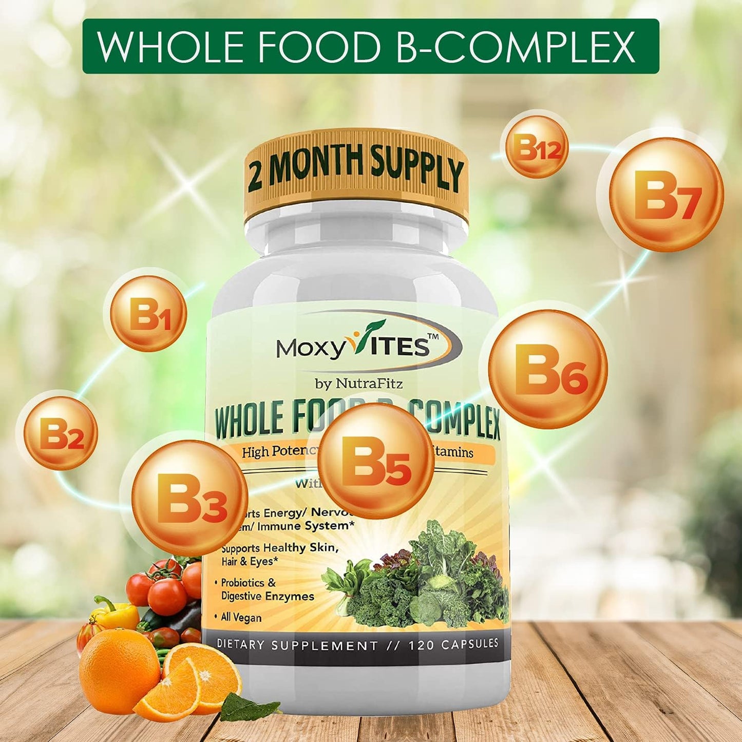 MoxyVites Vitamin B Complex - B Vitamins Whole Food Supplement 120 Capsules