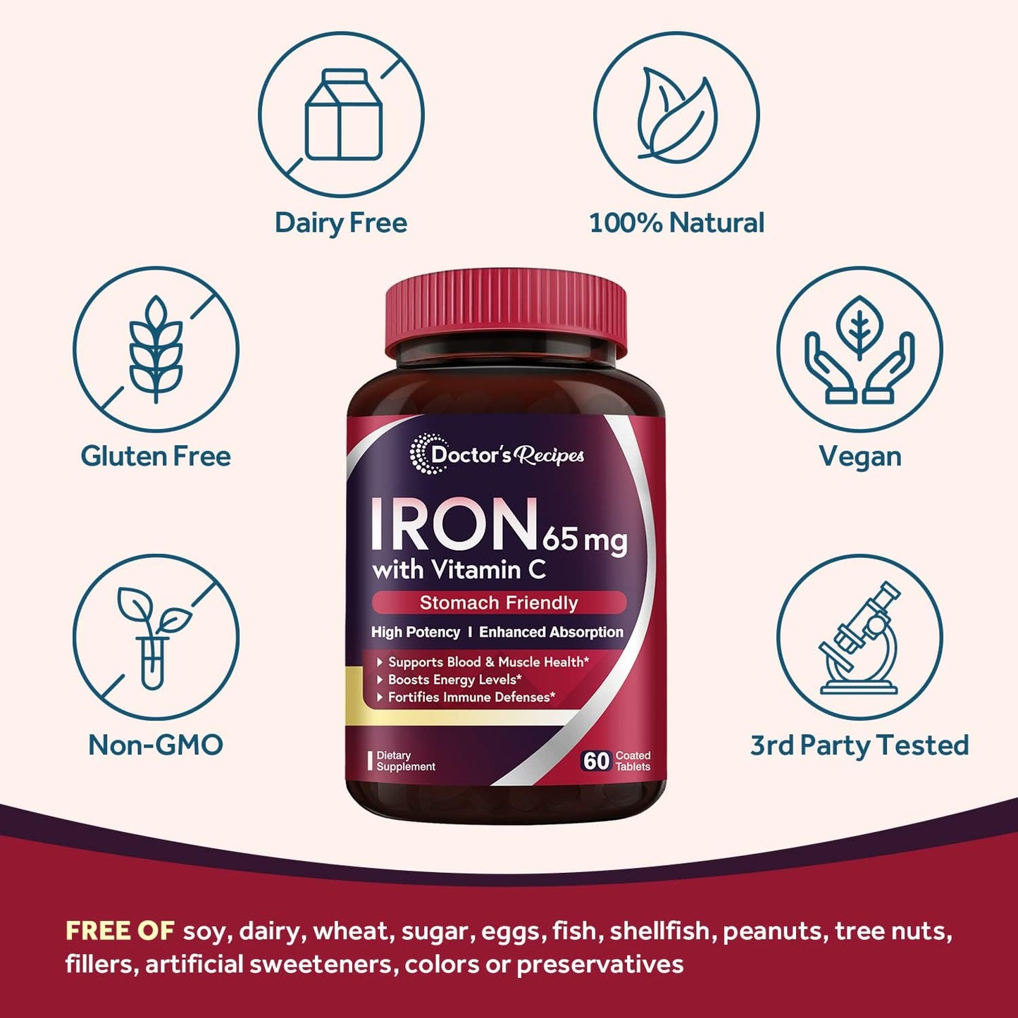 Doctor's Recipes Iron 65 mg Carbonyl Iron with Vitamin C - 60 tablets