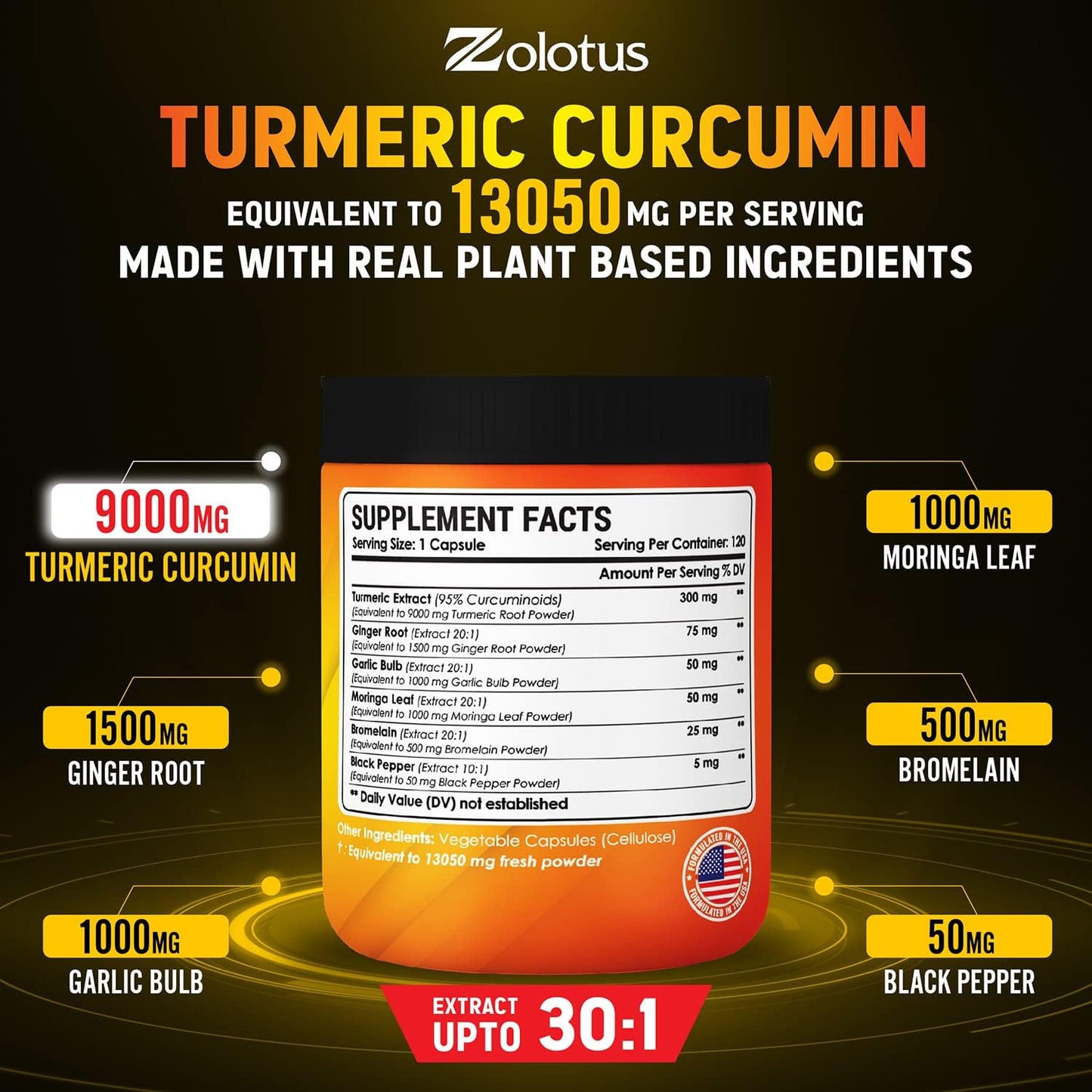 6 in 1 Turmeric Curcumin + Ginger Capsules, 95% Curcuminoids, 120 capsules