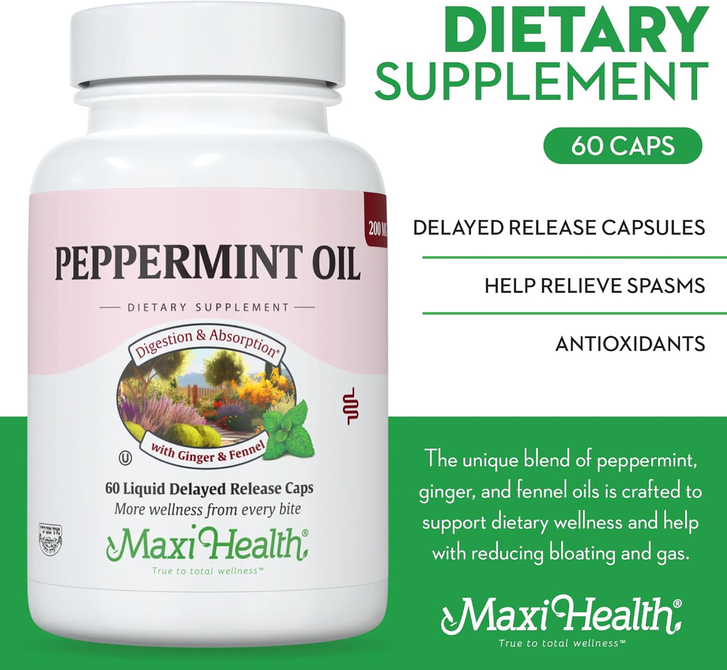 Maxi Health - Peppermint Oil with Ginger & Fennel Delayed Release  60  Capsules