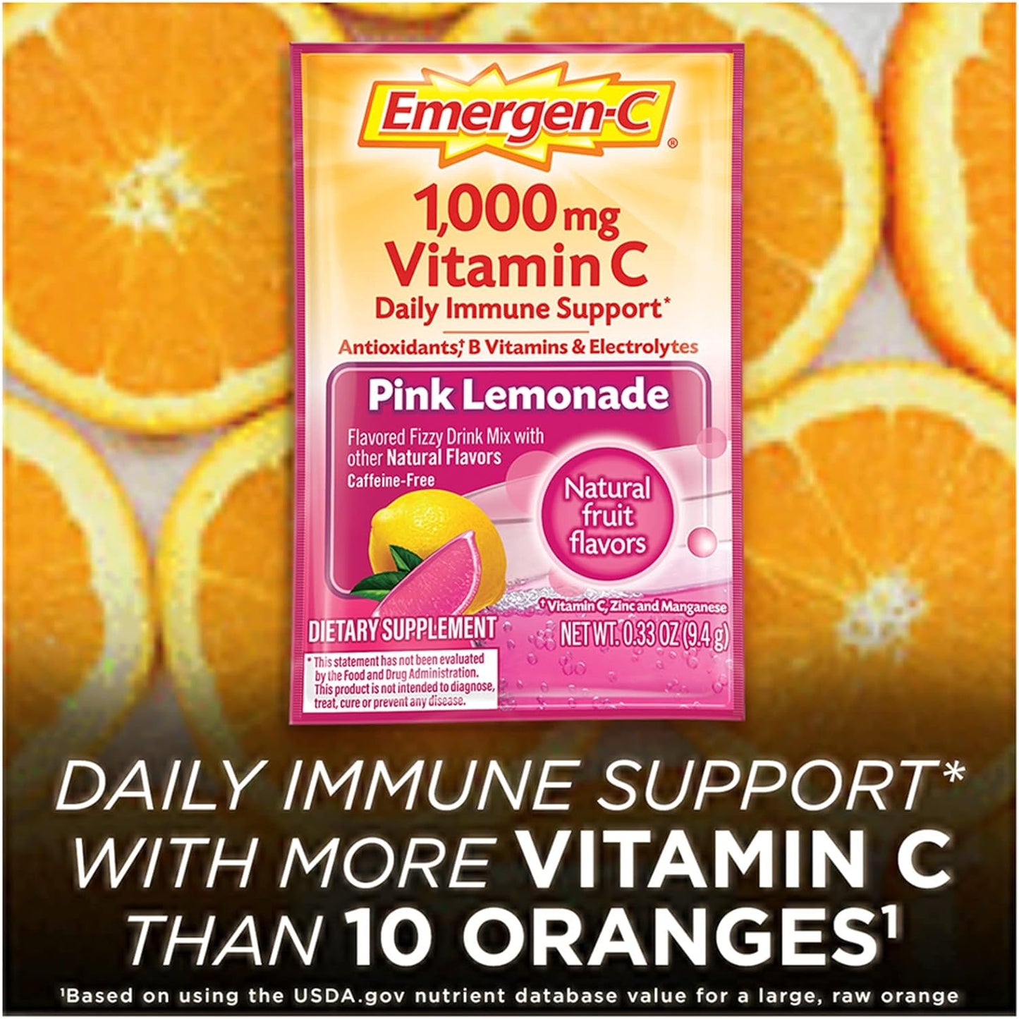 Emergen-C 1000mg Vitamin C Powder, with Antioxidants, B Vitamins and Electrolytes, Immunity Supplements for Immune Support, Caffeine Free Fizzy Drink Mix, Pink Lemonade Flavor - 30 Count