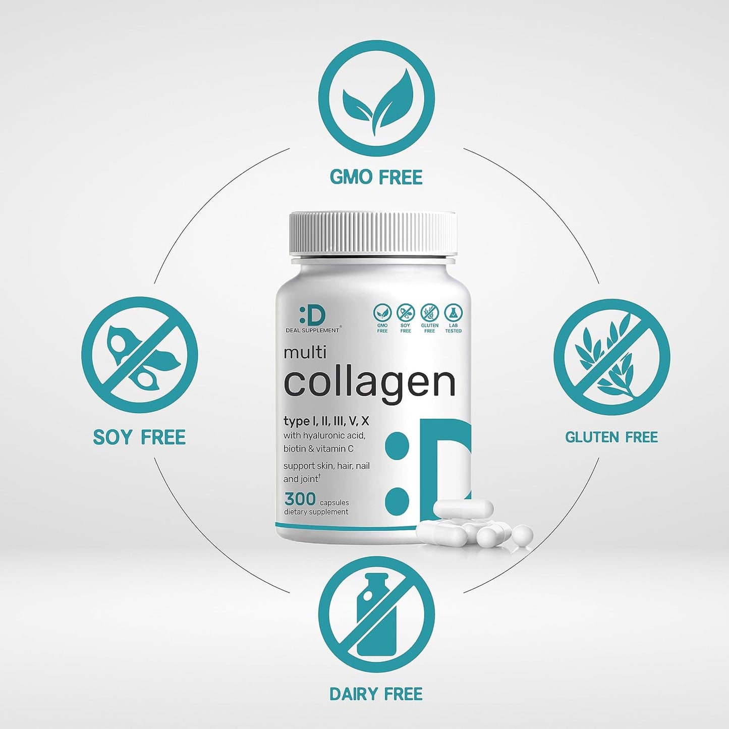 Multi-Collagen Pills with Vitamin C & Biotin - 300 Capsules