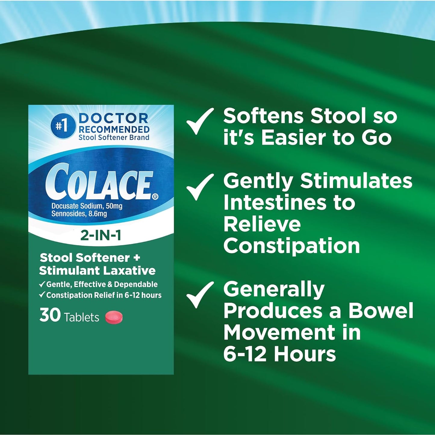 Colace 2-In-1 Stool Softener & Stimulant Laxative Tablets