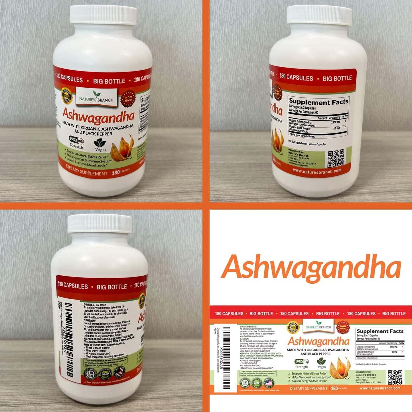 Organic Ashwagandha with Black Pepper - 180 Capsules