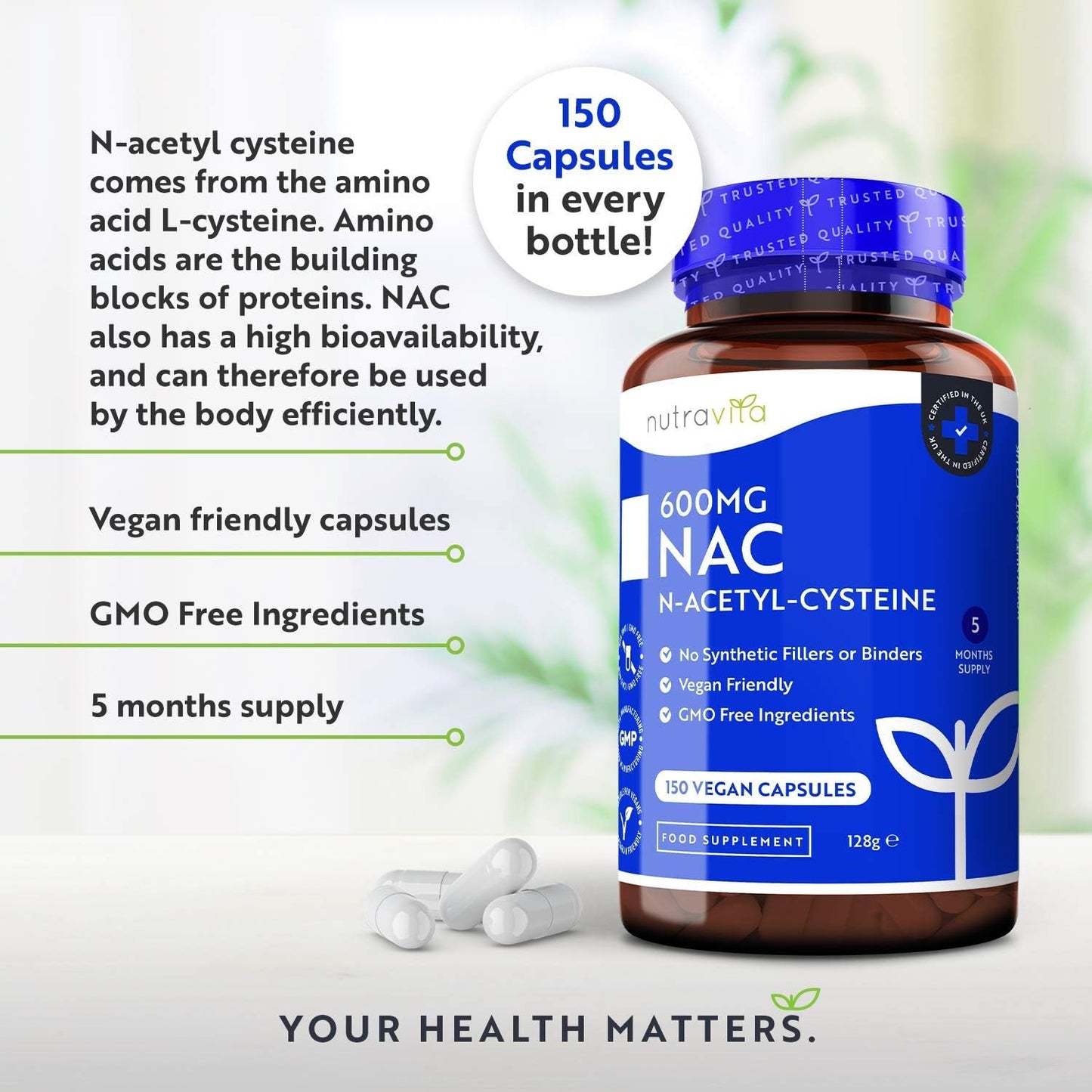 NAC N-Acetyl-Cysteine  – 150 Vegan Capsules