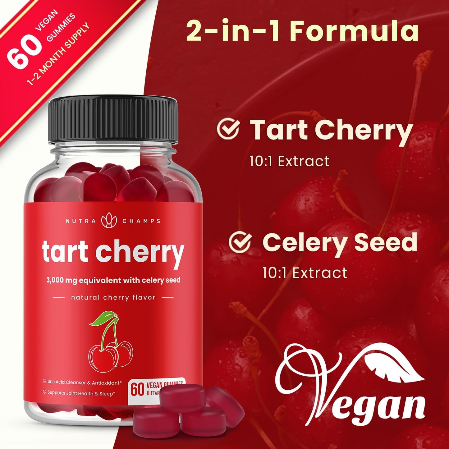 NutraChamps Tart Cherry Gummies - 3000mg Supplement with Celery Seed Extract - Vegan Tart Cherry Concentrate Gummy Vitamin