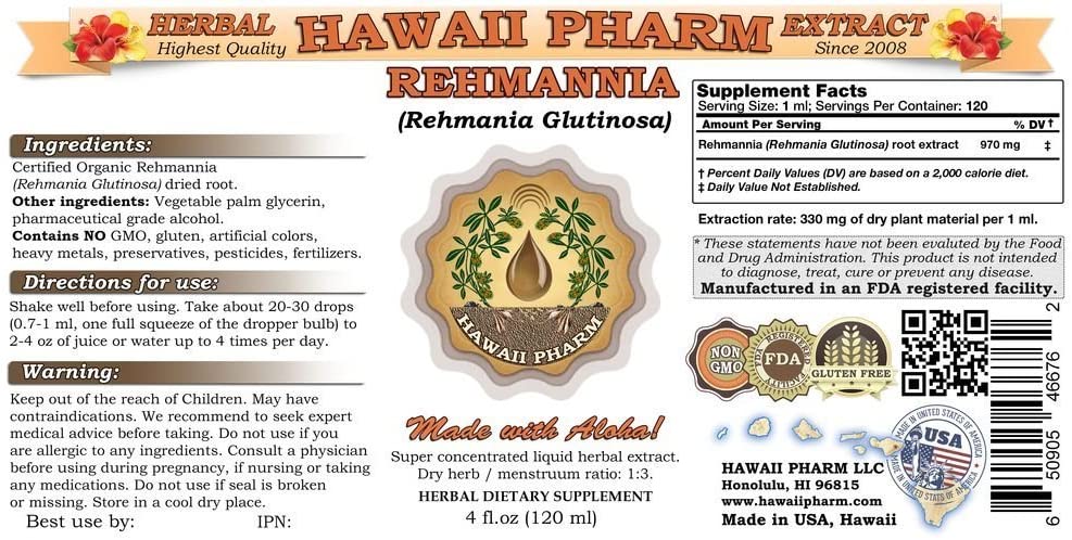 Rehmannia Liquid Extract, Organic Rehmannia Tincture, Herbal Supplement, Hawaii Pharm, Made in USA, 4 fl.oz