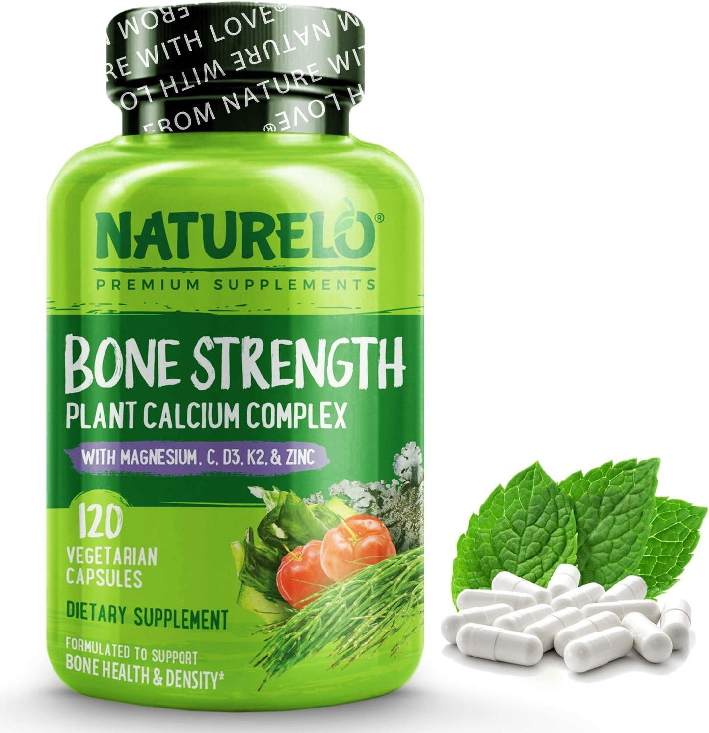 NATURELO Bone Strength - Plant-Based Calcium, Magnesium, Potassium, Vitamin D3, VIT C, K2- 120 capsules