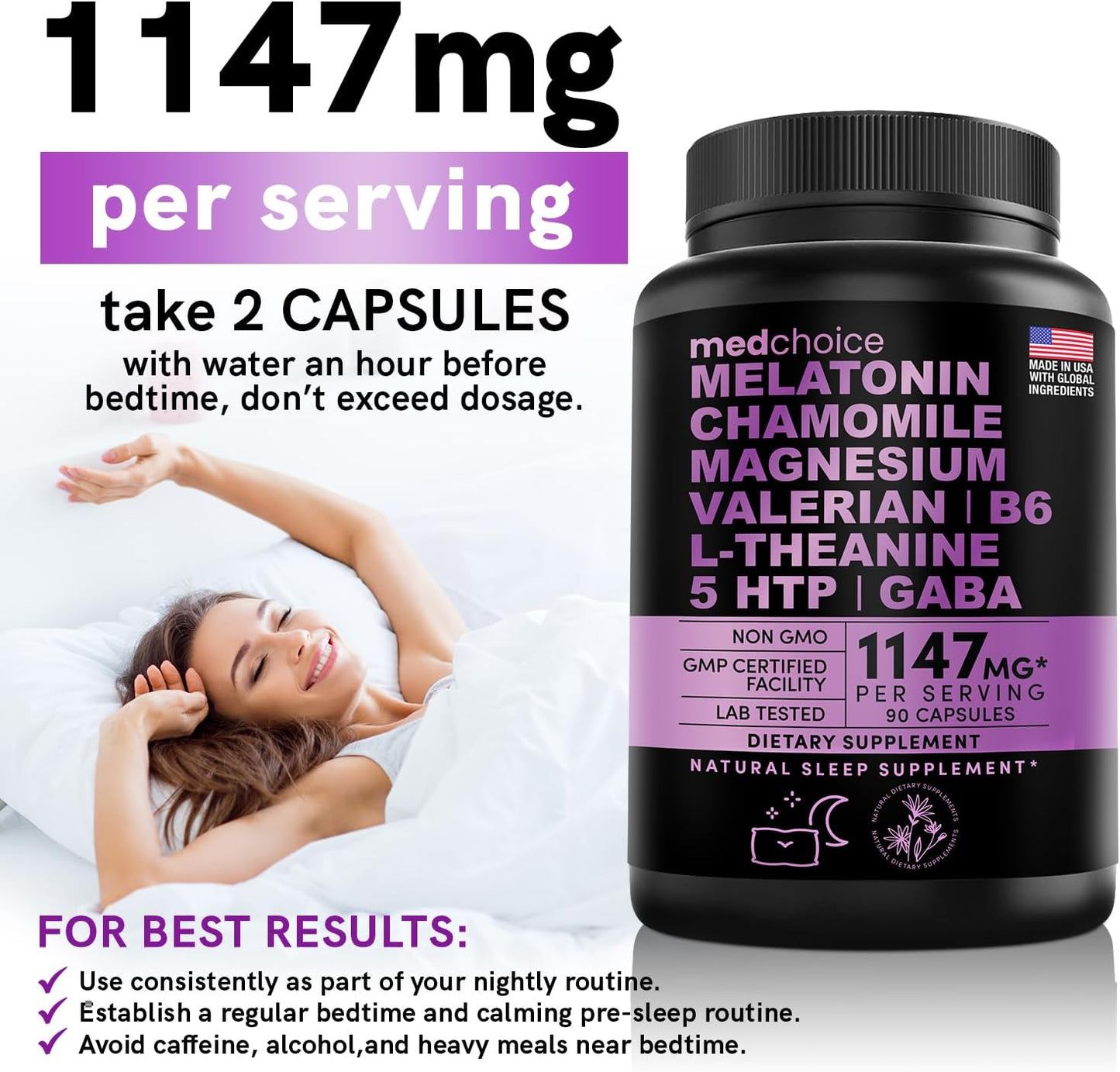 10-in-1 Melatonin Capsules - Melatonin 5mg Natural Sleep Aid 90 capsules