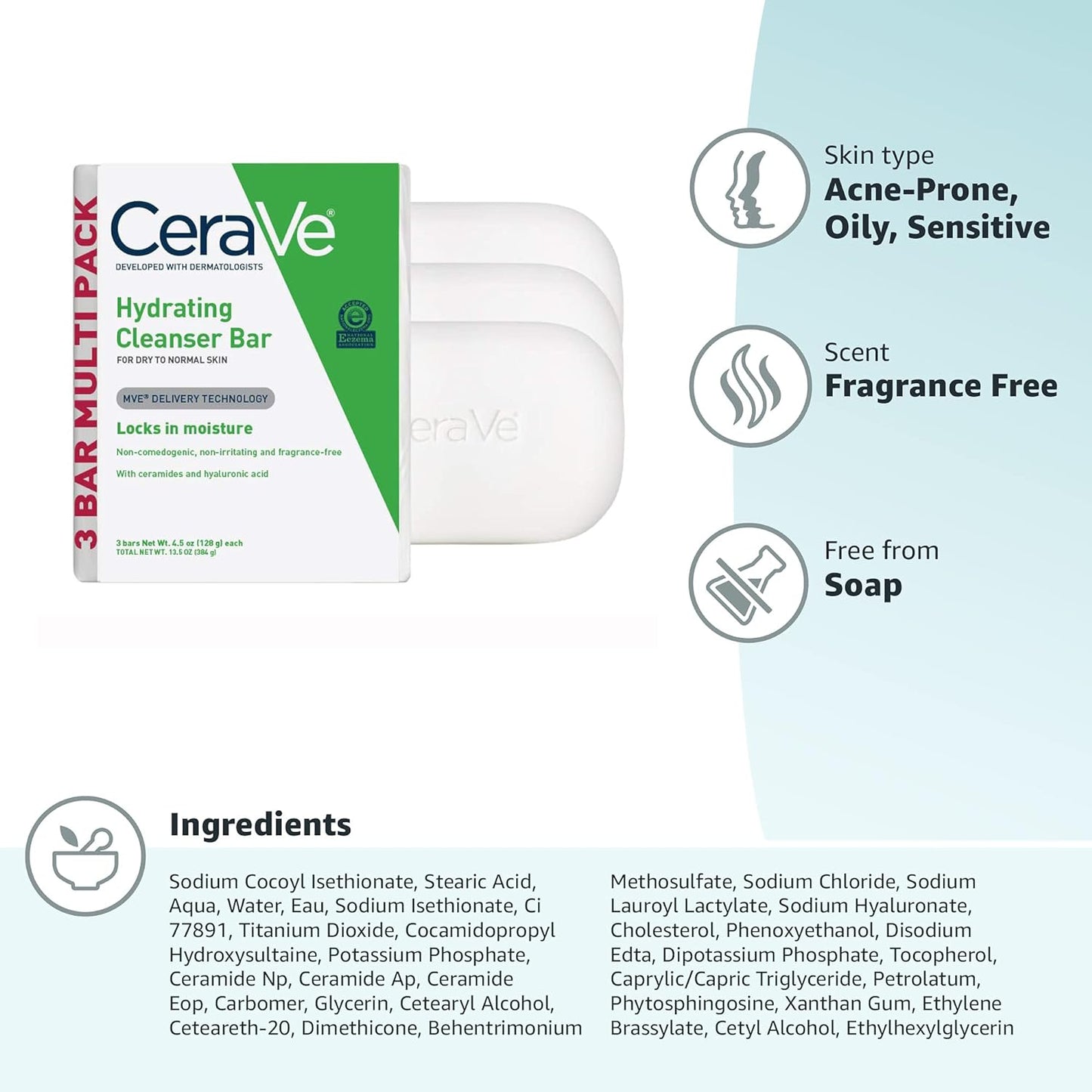 CeraVe Hydrating Cleanser Bar Soap-Free Body and Facial Cleanser