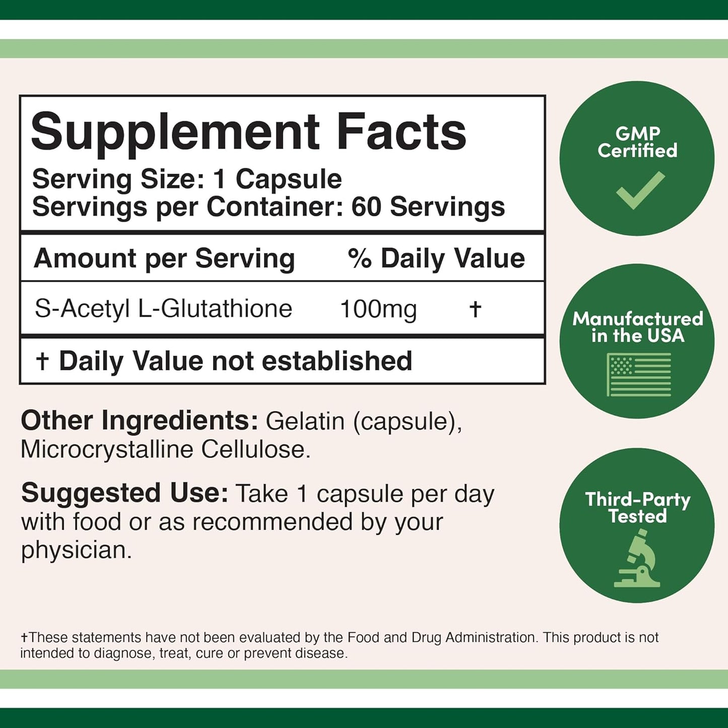 S-Acetyl L-Glutathione Capsules - 100mg,Acetylated Glutathione Antioxidant 60 Count