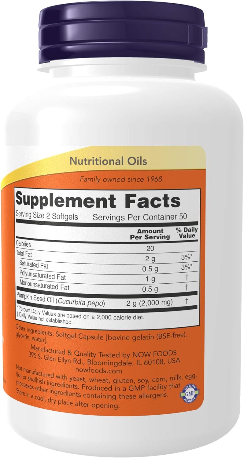 NOW Supplements, Pumpkin Seed Oil 1000 mg with Essential Fatty Acids and Phytosterols, Cold Pressed, 100 Softgels