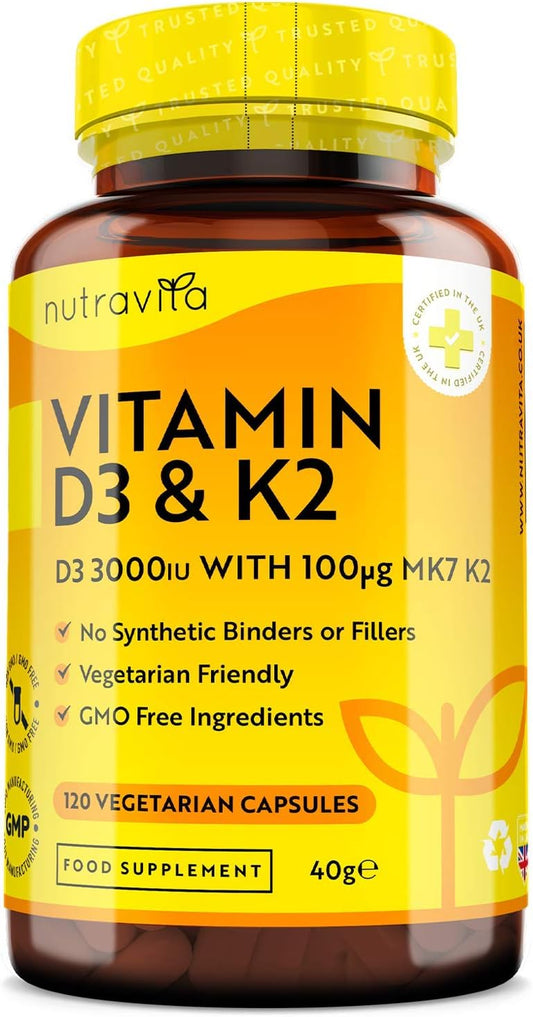 Vitamin D3 3000iu & K2 100ug  – 120  Vegetarian Capsules